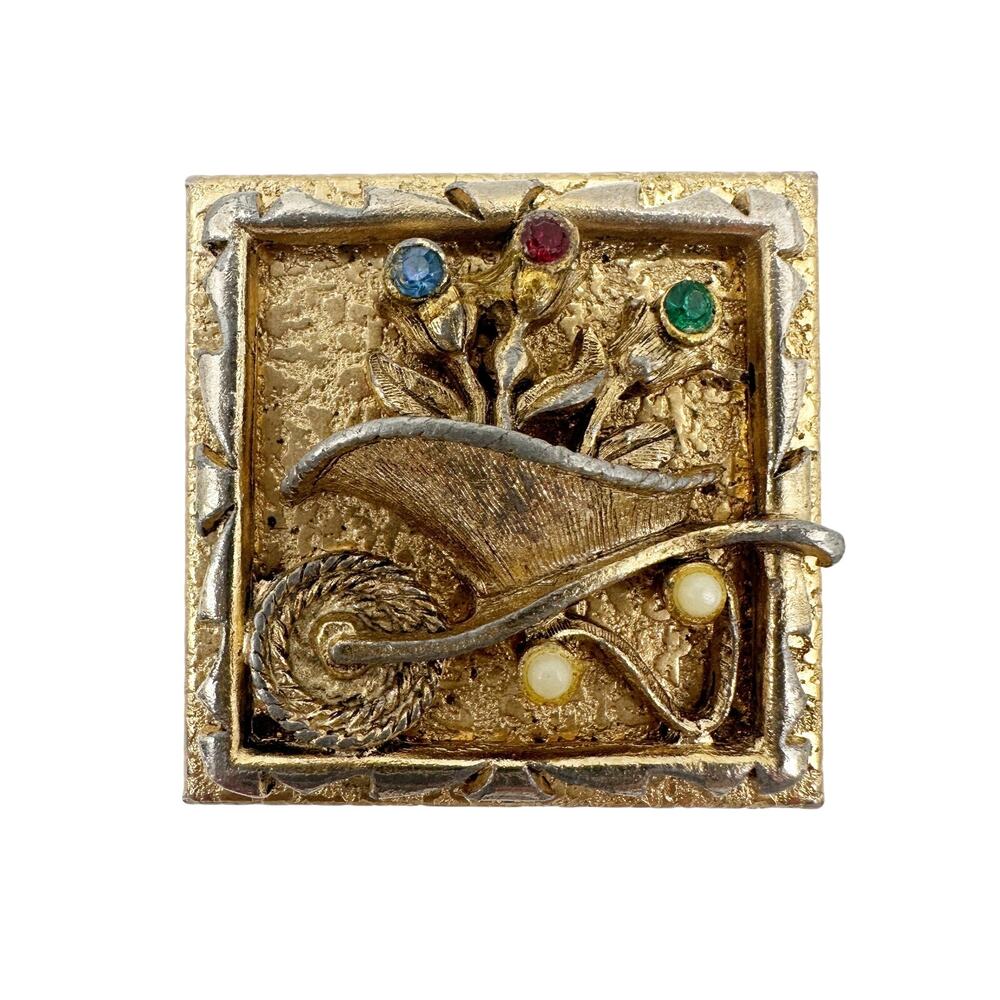 vintage gold tone metal Pill Box small size 1.5" square wheelbarrow & flowers